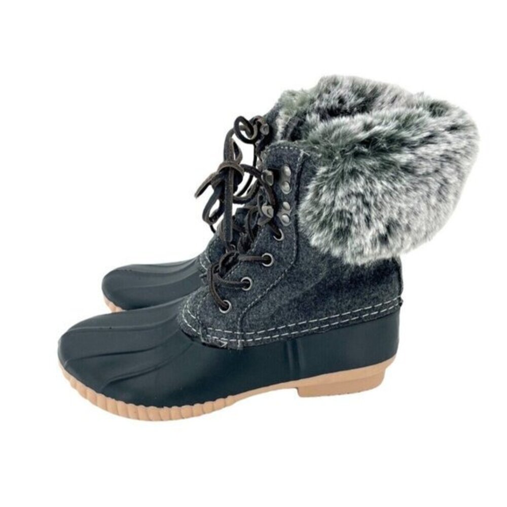 Report Faux Fur Trimmed Tweed Rubber Duck Boots Black Gray SZ 6 NEW